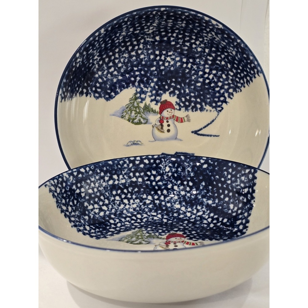 Thomson Pottery Snowman Soup Bowls Set of 3 Blue Sponge Winter